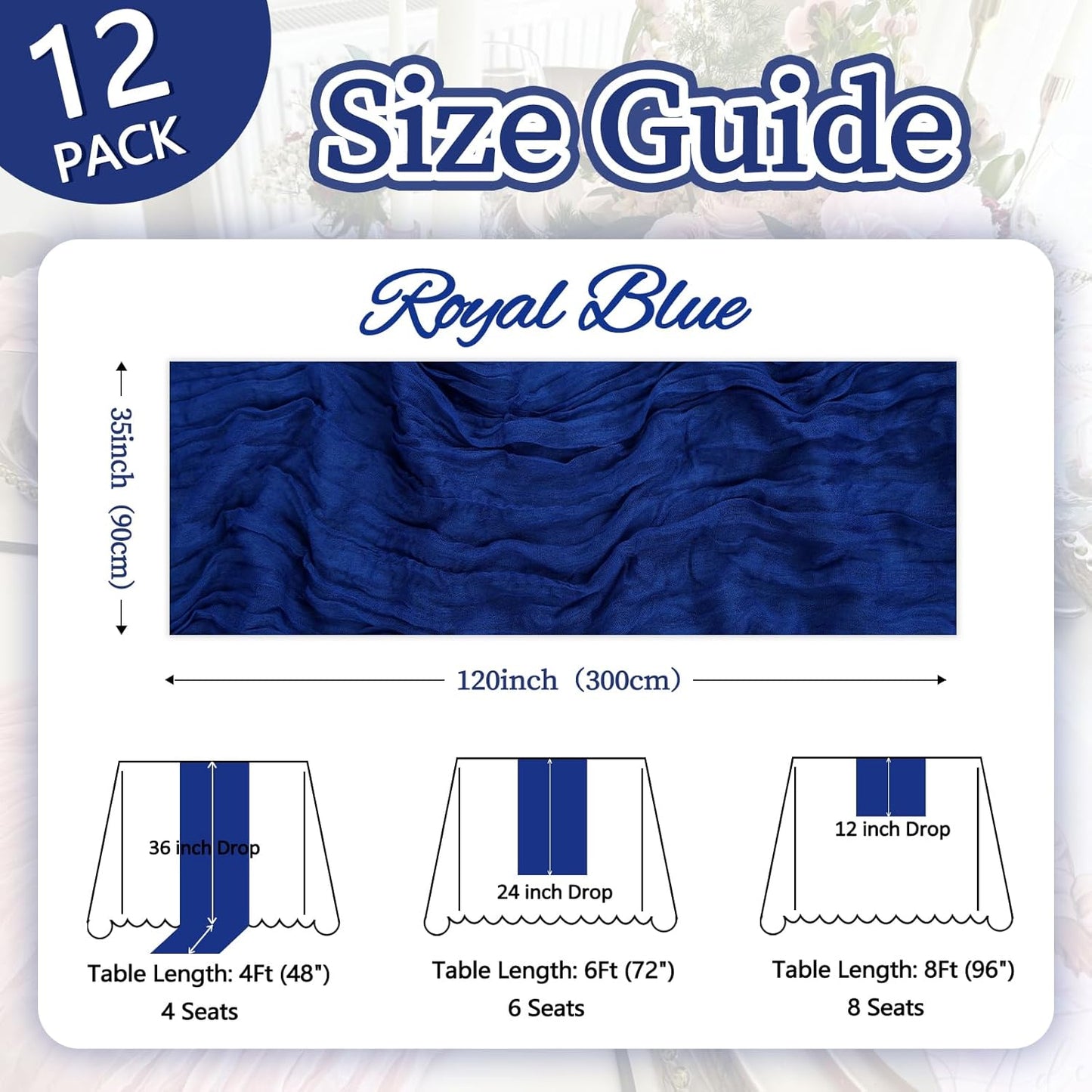 12 Pack Royal Blue Cheesecloth Table Runner 10ft Boho Gauze Fabric Cheese Cloth Table Runner 35 x 120 Inch Rustic Sheer for Romantic Wedding Decor Baby Shower Party Table Centerpiece Decoration