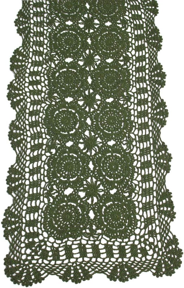 KEPSWET Cotton Handmade Crochet Lace Table Runner Olive Green Rectangle Coffee Table Dresser Decor (14x48 inch)