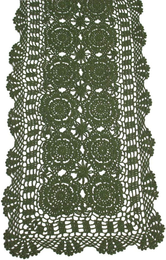 KEPSWET Cotton Handmade Crochet Lace Table Runner Olive Green Rectangle Coffee Table Dresser Decor (14x60 inch)
