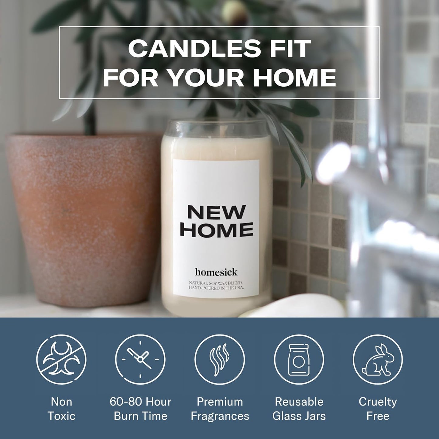 Homesick Scented Candles for Home (New Home) - 13.75 oz Long-Lasting Soy Wax Blend Jar Candle for Housewarming, 60-80 Hours Burn Time - Notes of Jasmine, Cedarwood, Lime, Sandalwood, Oakmoss & Musk