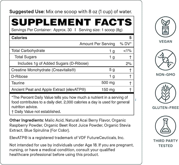 Ora Organic Creatine Monohydrate Powder - German-Sourced Creavitalis for Strength, elevATP for Energy, D-Ribose & Taurine for Recovery - Creatine for Women & Men - Acai Berry Flavor, 30 Servings