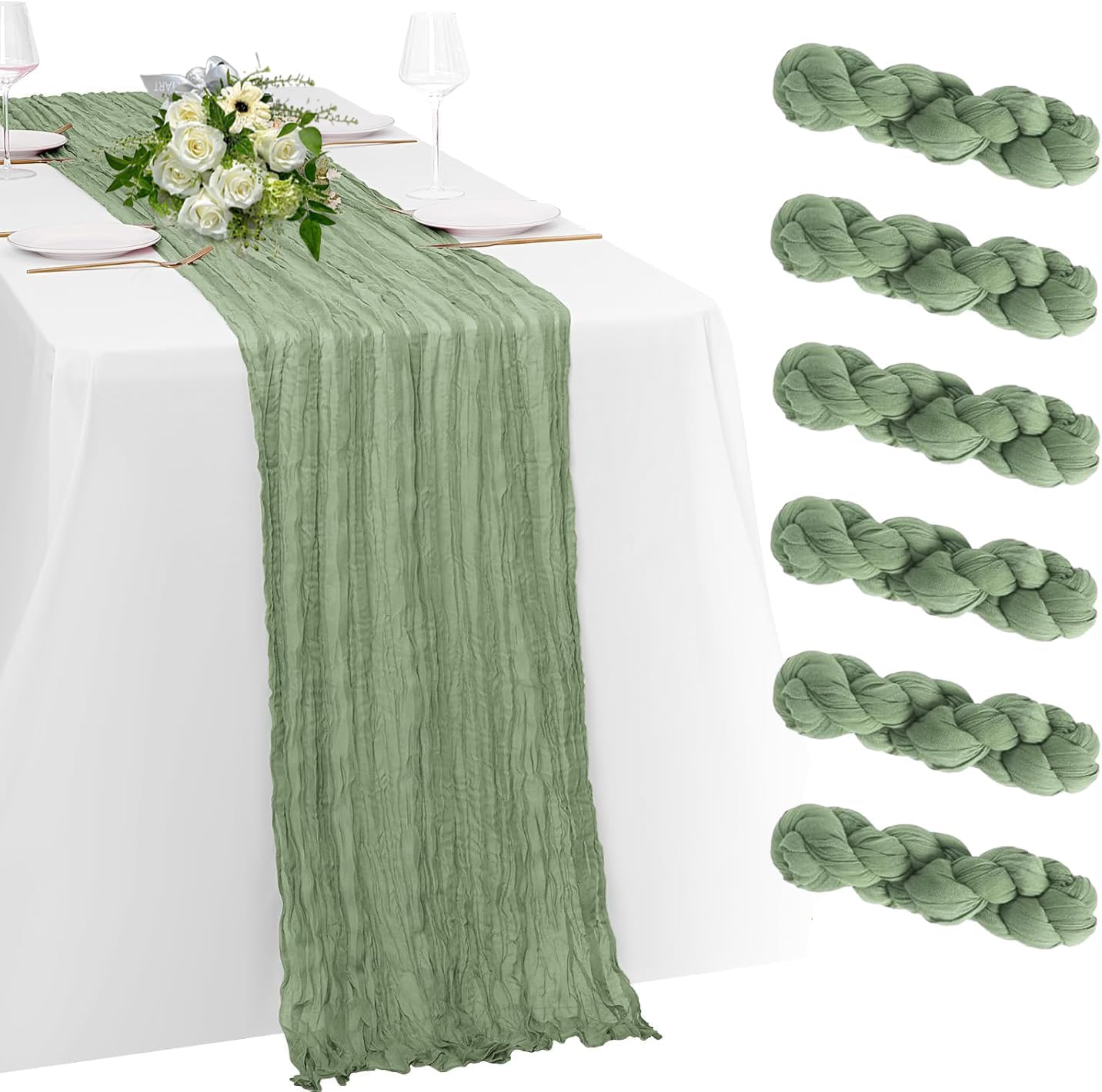 6 Pack Sage Green Cheesecloth Table Runner 23x120 inch Rustic Boho Gauze Table Runner 10 FT Long Sheer Cheese Cloth Fabric Table Runners for Romantic Wedding Bridal Shower Birthday Party Decor