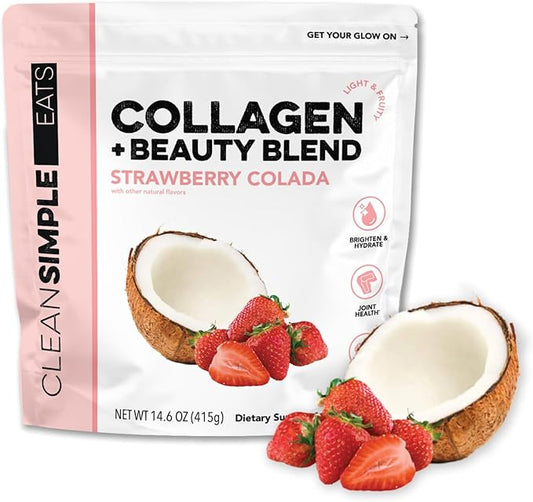Clean Simple Eats Collagen Powder + Beauty Blend, Strawberry Colada, Hydrolyzed Collagen Peptides from Grass Fed Bovine & Chicken, Hyaluronic Acid for Hair, Skin, Nail & Joint Support, 30 Servings