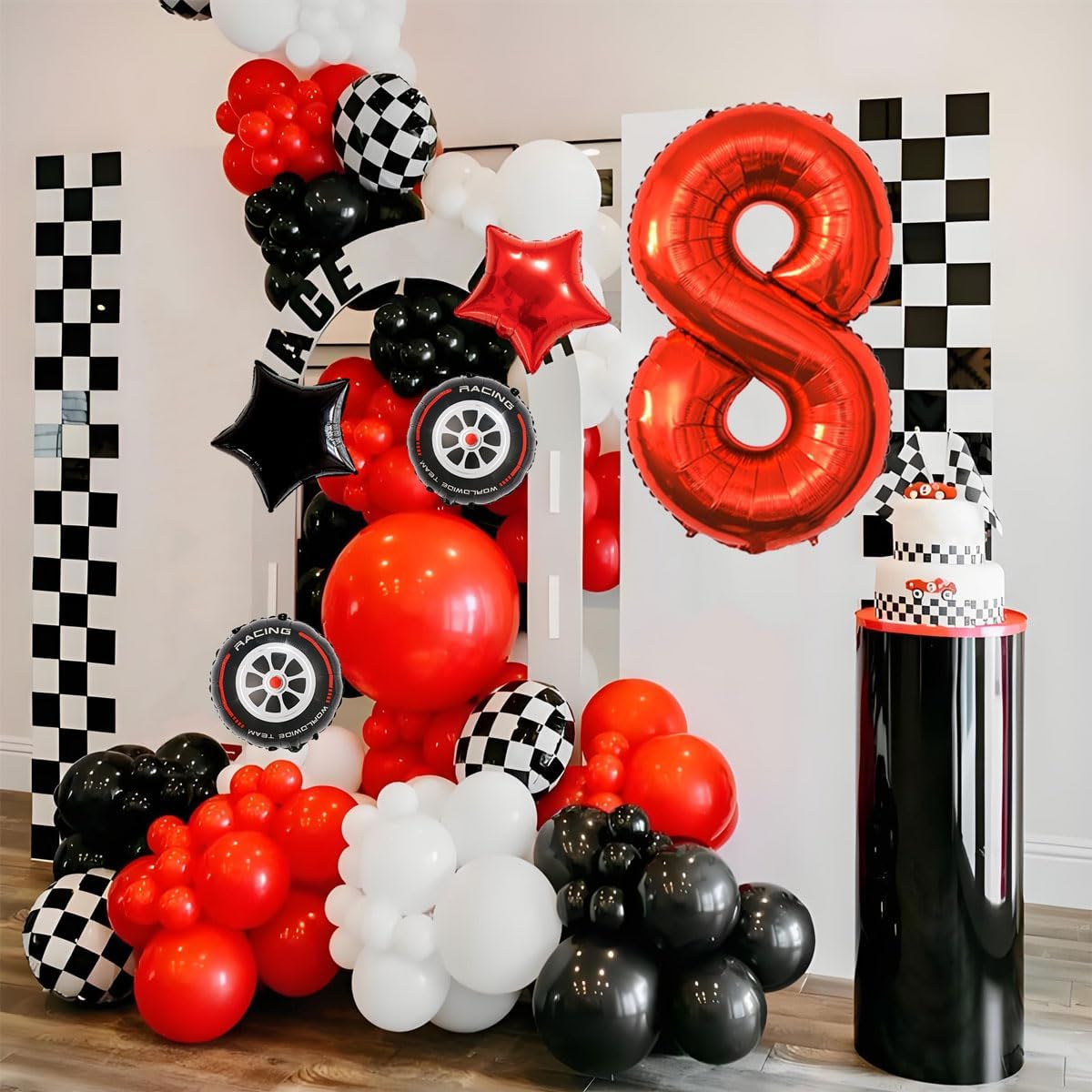 Race Car Birthday Decorations - 40 Inch Mylar Red Number 8 Balloons - Black Foil Checkered Race Car Balloons for 8st Birthday Race Cars Themed Party Decorations Supplies