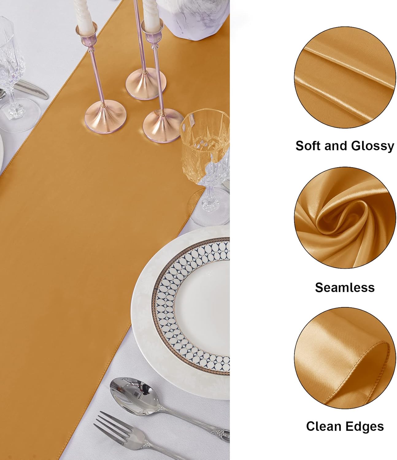 12Pack Table Runner 12 x 108 Inches Satin Silk Table Runner for Wedding, Birthday Party, Banquets, Graduations Decoration, fit Rectange and Round Table-Gold