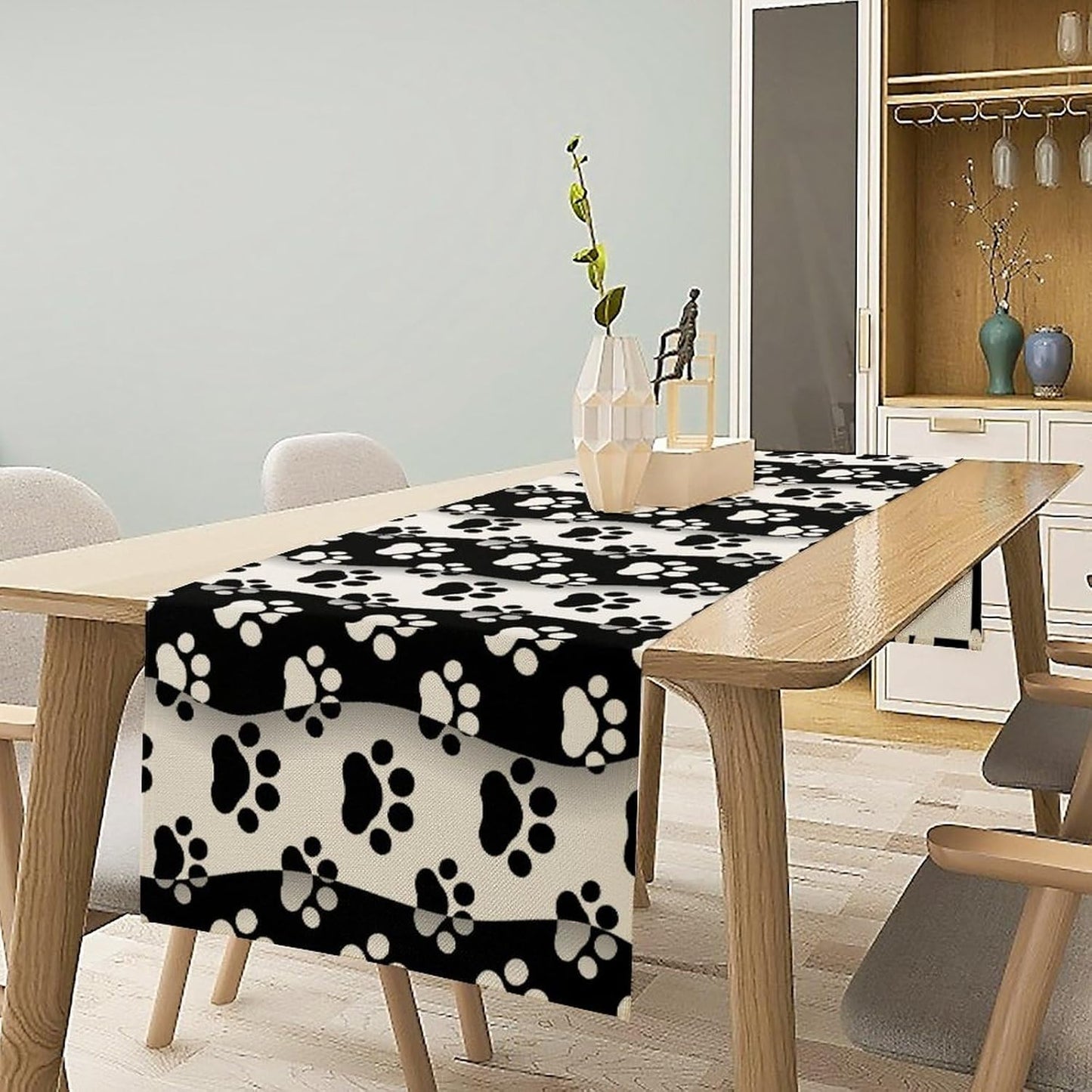 Dog Paw Table Runner,Kid Cute Animal Footprint Black White Theme Design Print Tablecloth Burlap for Hotel Indoors Outdoor Dining Room Kitchen Home Decor,W13X L108 in