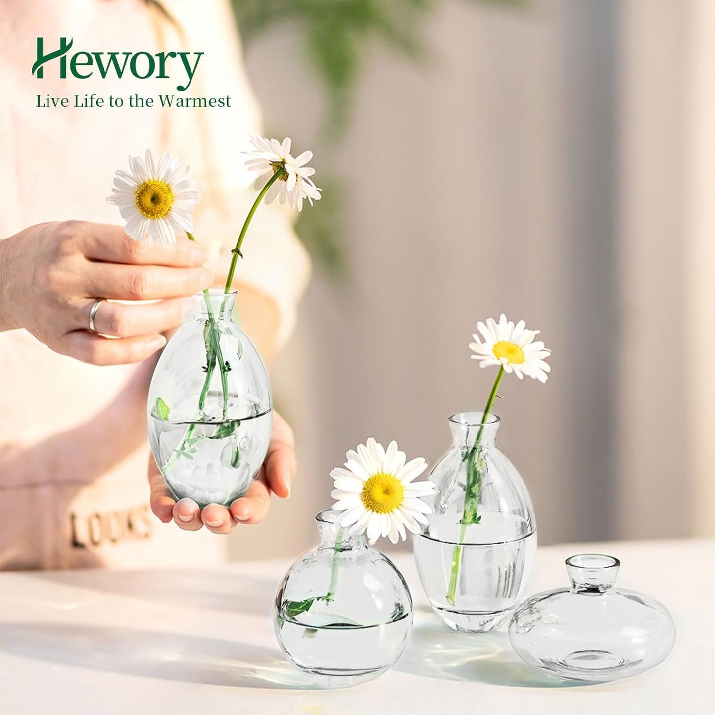 Glass Bud Vases Set of 6, Hewory Cute Clear Small Vases Handmade, Mini Glass Flower Vase for Floral Arrangement, Tiny Centerpiece for Wedding Party Events Home Office Table Decor (Not Include Flower)