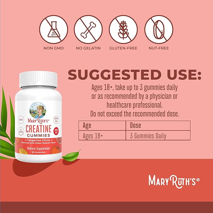 MaryRuth's Creatine Gummies | Creatine Monohydrate Gummies | 1 g Creatine Per Gummy | Creatine for Women & Men | Tangerine Citrus Flavor | Exercise | Workout | Sugar Free | Vegan | 90 Count
