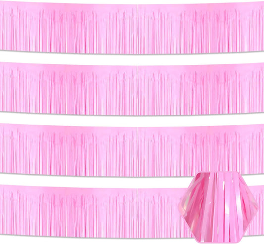 4 Pack 10 Feet Macaron Pink Foil Fringe Garland Metallic Tinsel Streamers Banner Wall Hanging Curtain Backdrop for Parade Floats, Wedding, Graduate, Mother's Day, Birthday Party Decoration