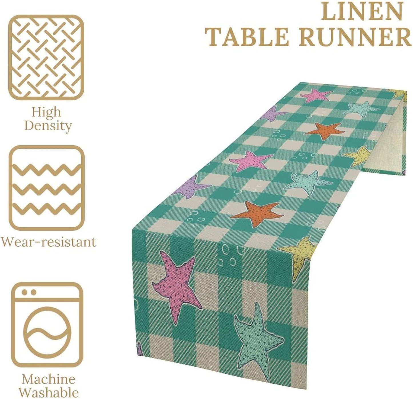 Starfish Plaid Table Flag Green Plaid and Marine Life Starfish Kitchen Table Flag Suitable for Birthday Party Restaurant Decoration Outdoor Picnic 13 * 90 Inch
