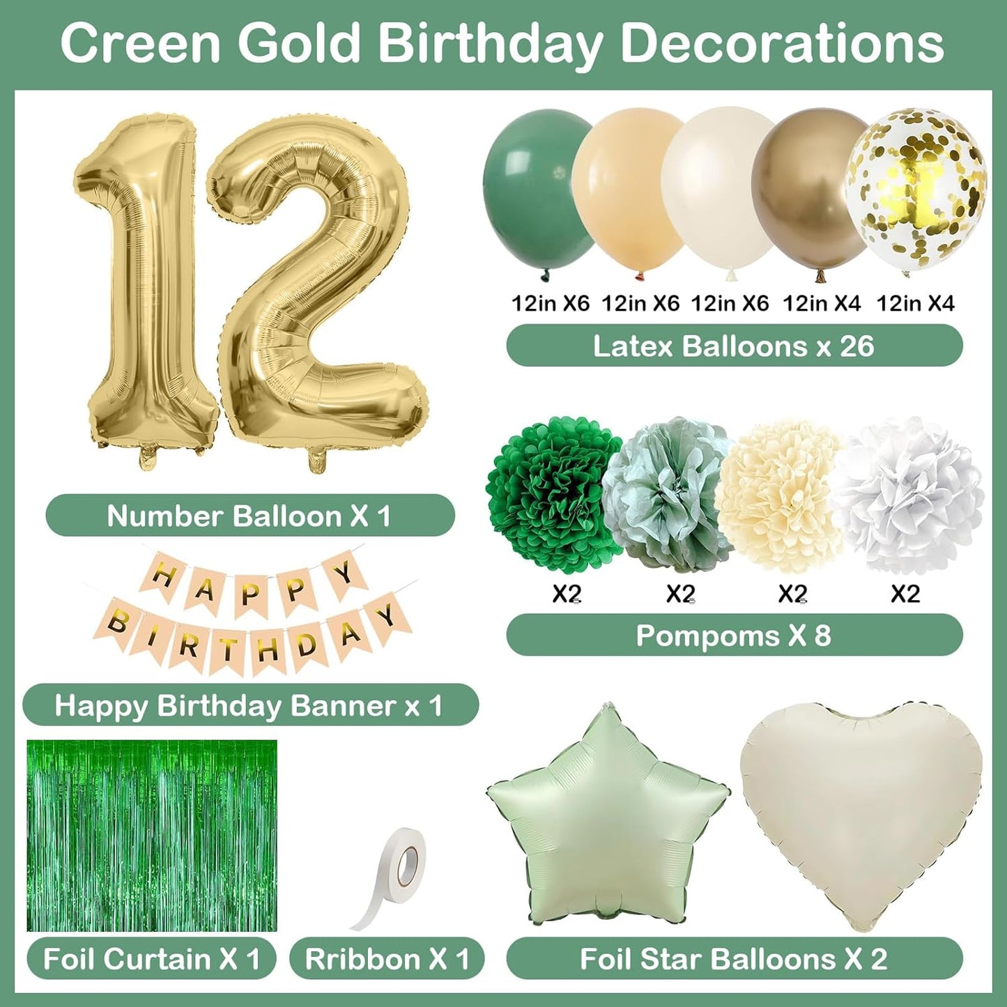 Sage Green 12th Birthday Decorations for Boys Girls Gold Number 12 Balloon Nude Gold Happy Birthday Banner Fringe Curtain Paper Pom Poms Olive Green Cream White Sand Star Foil Balloons Party Decor