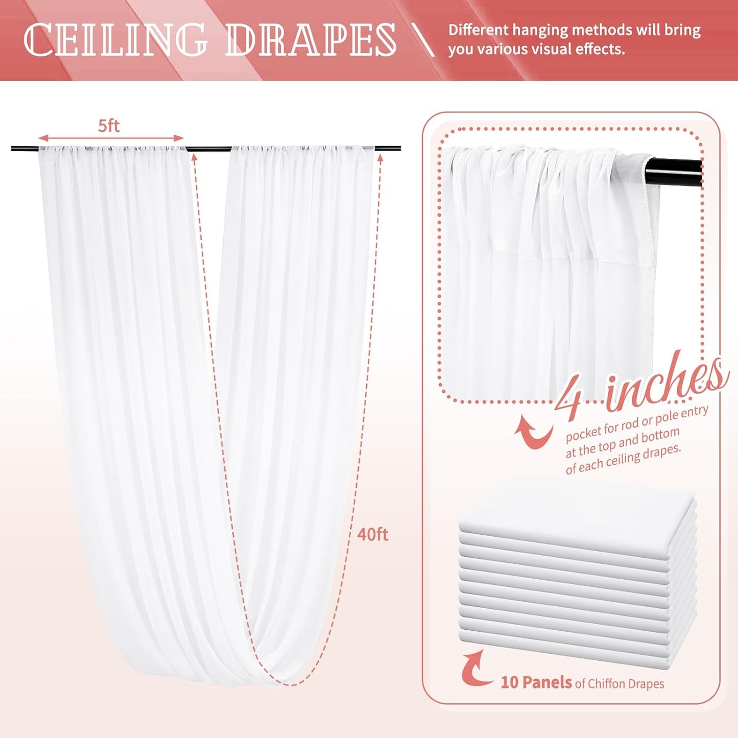 10 Panels White Ceiling Drapes for Wedding 5ftx40ft Sheer Drapery Chiffon Fabric Arch Draping Curtains for Party Ceremony Birthday Baby Shower Reception Stage Ceiling Decorations