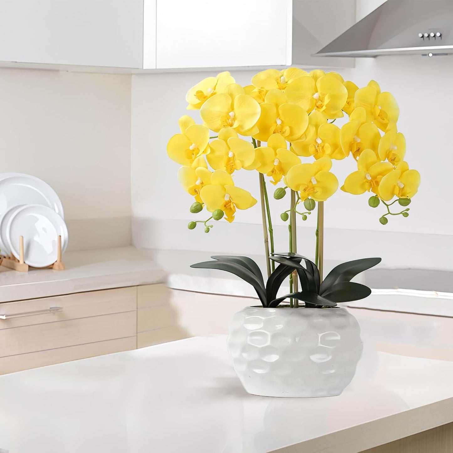 Orchid Artificial Flowers with White Vase Large Silk Faux Phalaenopsis Flowers for Dining Room Table Floral Centerpieces Indoor Decoration,Yellow