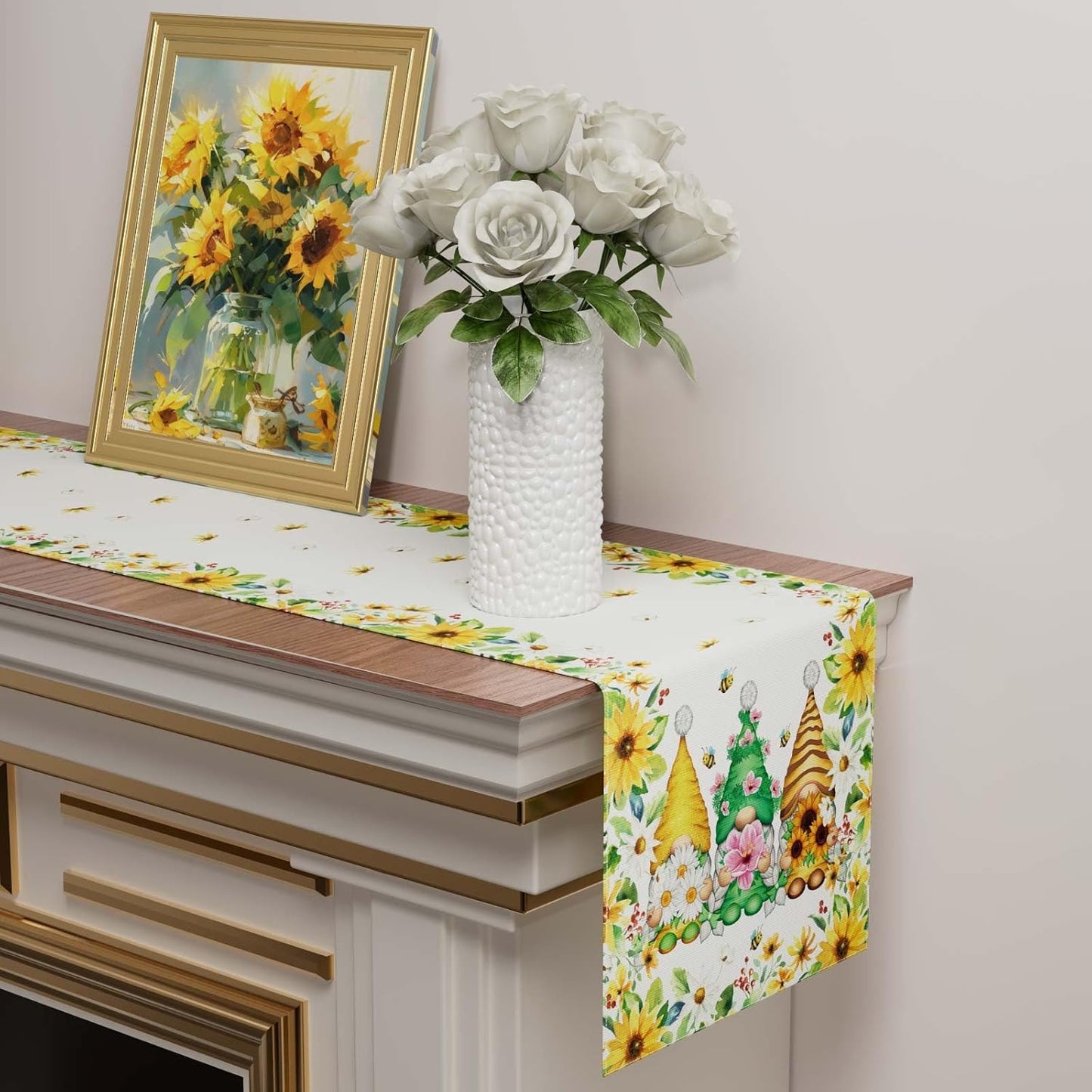 XCHI Yellow White Daisies Flowers Gnomes Spring Table Runner Burlap Table Decoration for Summer Seasonal Home Kitchen Dining Dinner Indoor Holiday Farmhouse Decor 13x72 Inch