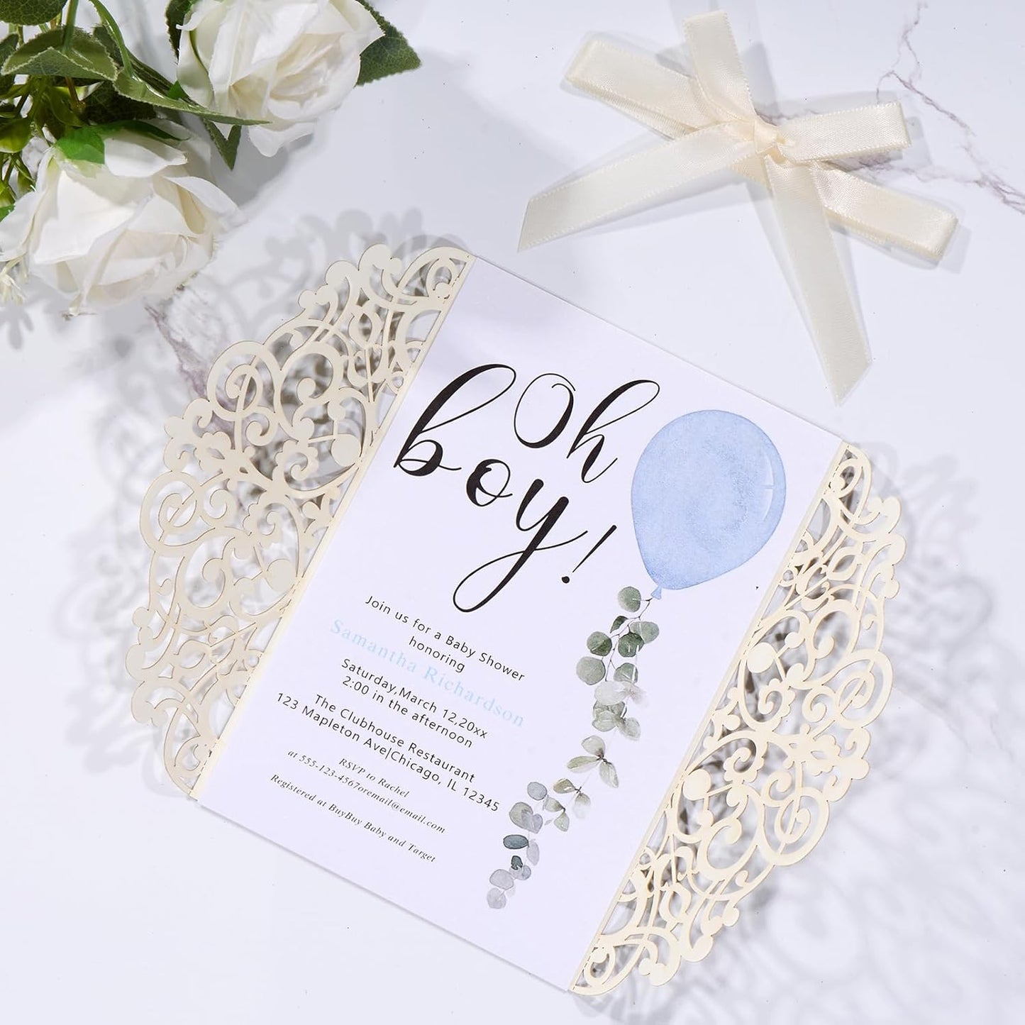 50Pcs Sliver Glitter Wedding Invitations with Envelopes and Rsvp Cards Ribbons Laser Cut Invitation Blank Inner Sheet Pearl Paper Tarjetas de Invitación Para Boda XV Anos Quinceañera Wedding Invite
