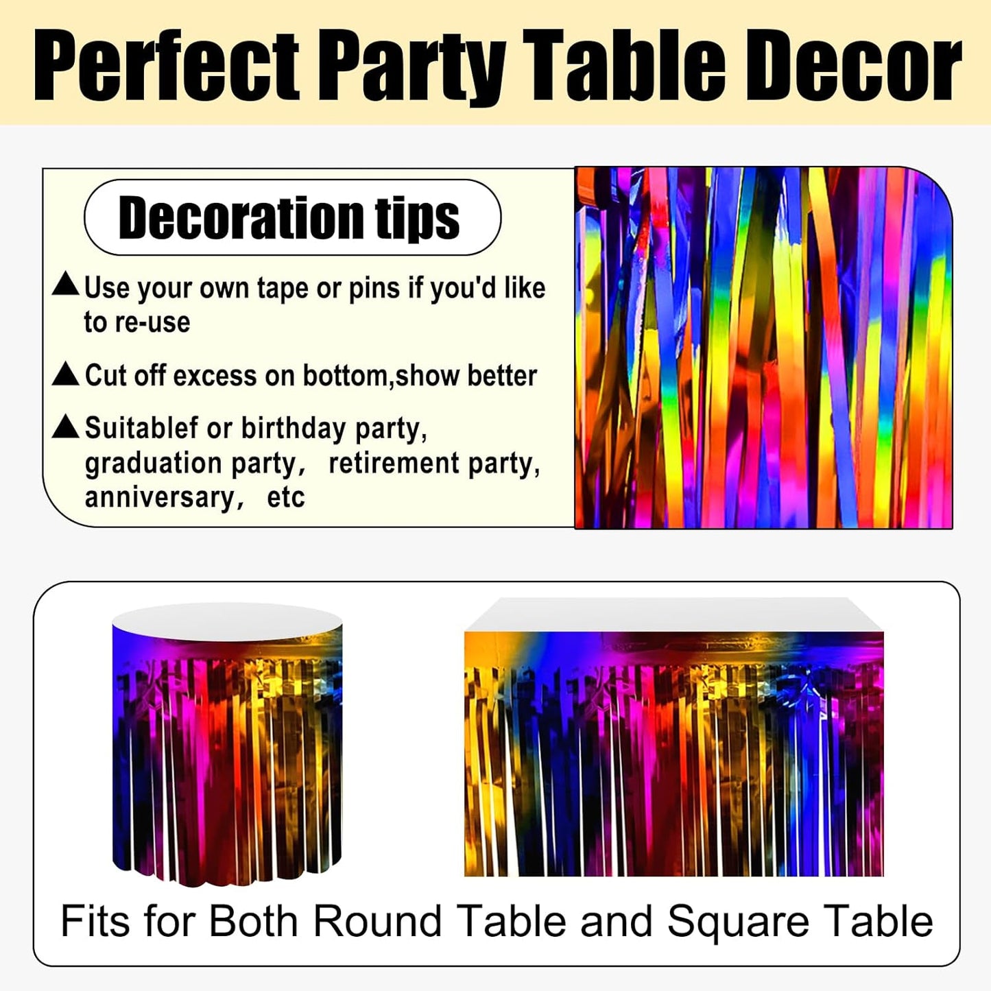 3 Pack 29x108 Inch Rainbow Foil Fringe Table Skirts Metallic Banner for Tinsel Streamer Garland Backdrop for Parade Floats Wedding Thanksgiving Birthday Christmas Halloween Party Decoration