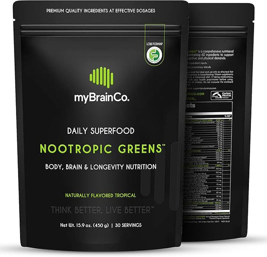 Nootropic Greens - Premium All-in-One Body, Brain & Longevity Optimization Nutrition. Organic Greens & Superfoods, Alpha-GPC, L-Theanine, Lion’s Mane, TMG, NR, NAC & More. (15.9 oz)