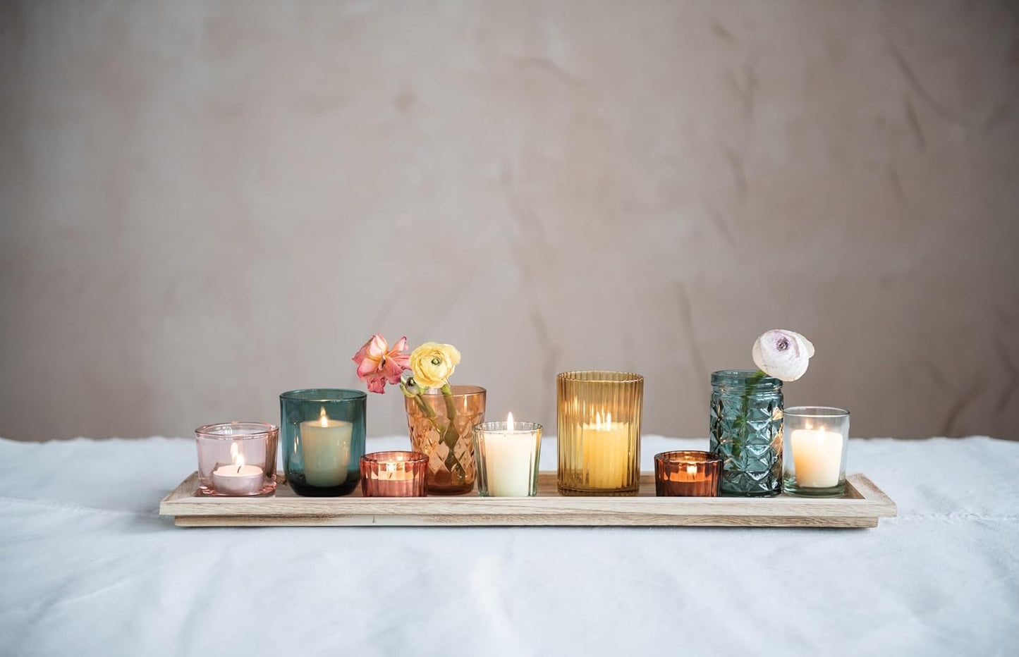 Creative Co-Op Round Glass Votive Holders on Wood Tray, Yellows & Greens, Set of 9