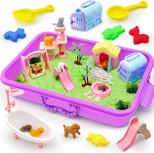 Pet Sensory Bin Sandbox,Cat and Dog Play Sand Kit for Kids,Pet Play Set with Moldable Sensory Sand, Pet Care Center Role Play Toy, Pretend Play Beach Toy Gifts for Toddlers Boys and Girls 3 4 5 6