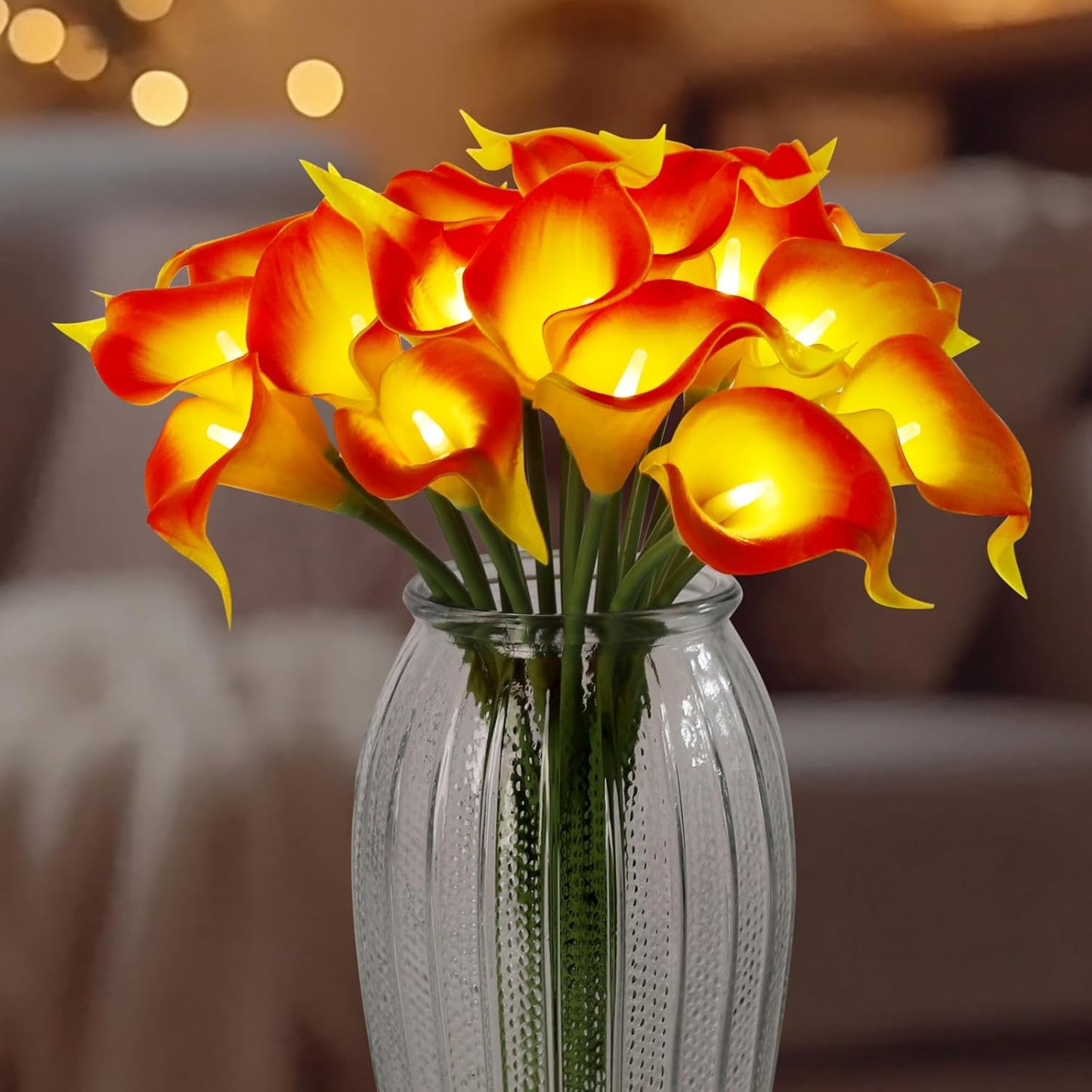 20pcs Artificial Calla Lily Bouquet Lamp Faux Floarl Night Light Real Touch Flower Night Lamp LED Calla Lily Artificial Flower Light for Christmas Gifts Home Kitchen Decor(Orange)