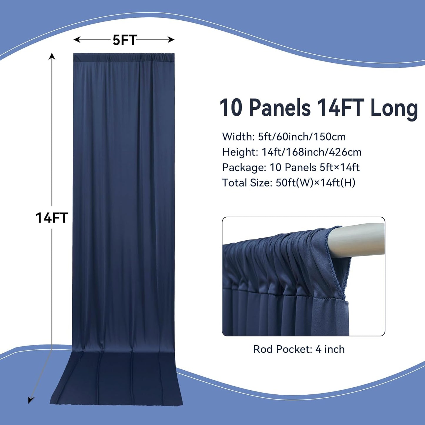 50×14ft Wrinkle Free Navy Blue Backdrop Curtain for Wedding Parties,10 Panels 5×14ft Height Soft Silky Polyester Photo Backdrop Drapes Curtains for Birthday Photography Stage Events Background Cloth
