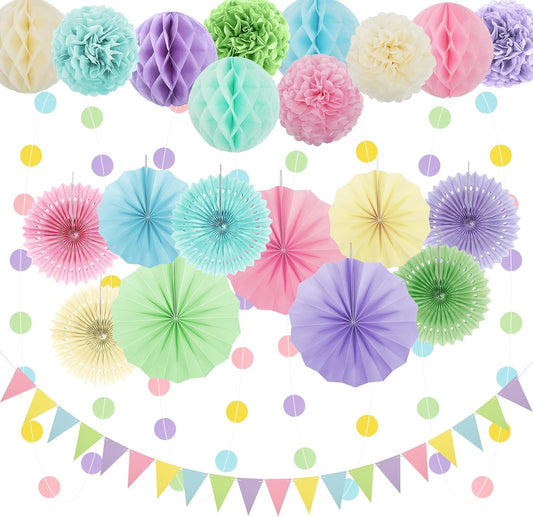 Pastel Party Decorations, 24Pcs Birthday Classroom Baby Shower Decor with Hanging Paper Fans, Pom Poms Flowers Packs for Girls Kids Birthday Rainbow Party, Macaron Carnival Theme Hanging Supplies