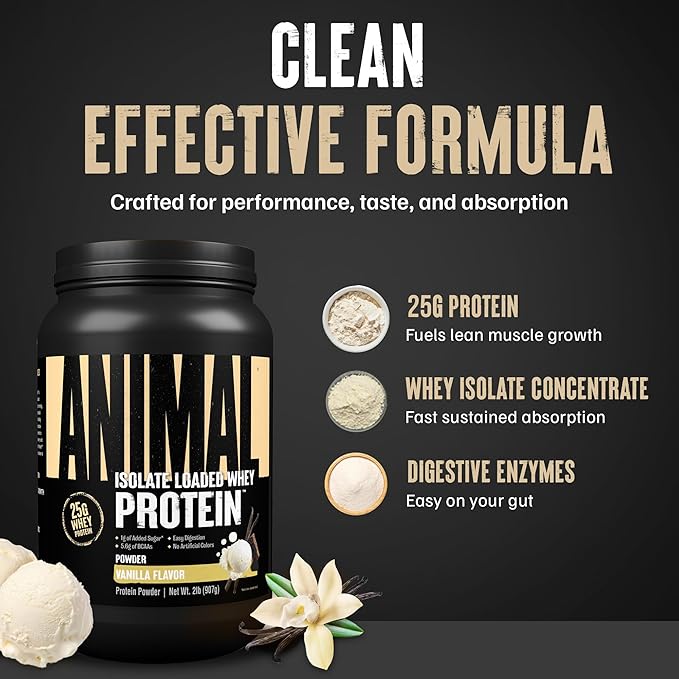 Animal Whey Isolate Protein Powder - Loaded for Pre & Post Workout Muscle Builder and Recovery with Digestive Enzymes for Men & Women - 25g Protein, Great Taste, Low Sugar - Vanilla 2 lbs
