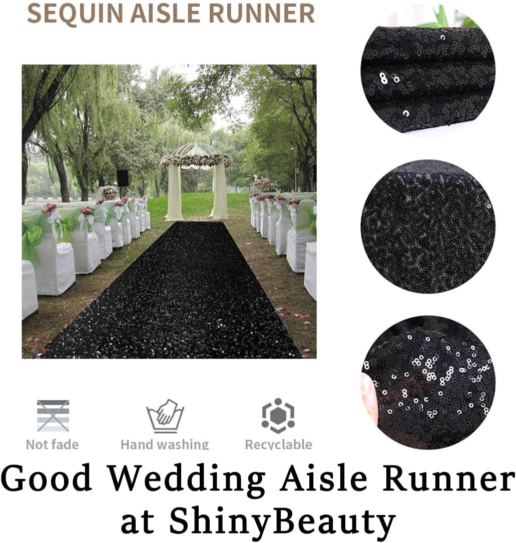 ShinyBeauty 4FT x 15FT Black Aisle Runner Tape | Shimmer Fabric Wedding Floor Runners with Glitter Carpet for Elegant Events