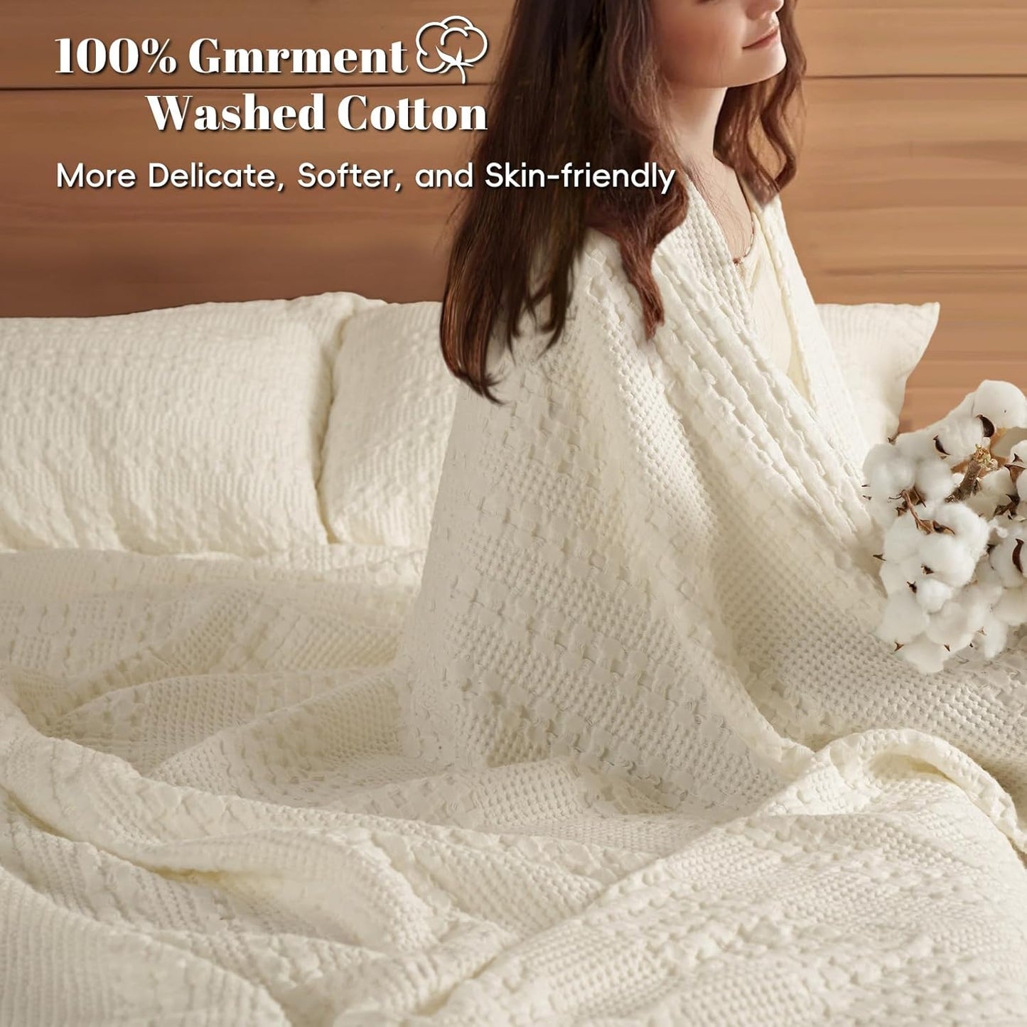 PHF 100% Cotton Waffle Weave Blanket Twin Size for Bed, Soft Lightweight & Breathable, All-Season Comfort, Luxury Aesthetic Woven Bedding for Home Decor, 66"x90", Cannoli Cream