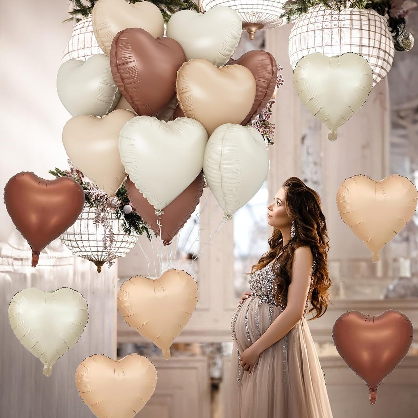 Cream Brown Heart Balloons, 12Pcs Brown Apricot Foil Balloons, Beige Coffee Foil Heart Shape Mylar Balloon 18 Inch Nude Neutral Helium Mylar Balloon for Boho Birthday Baby Shower Wedding Valentine