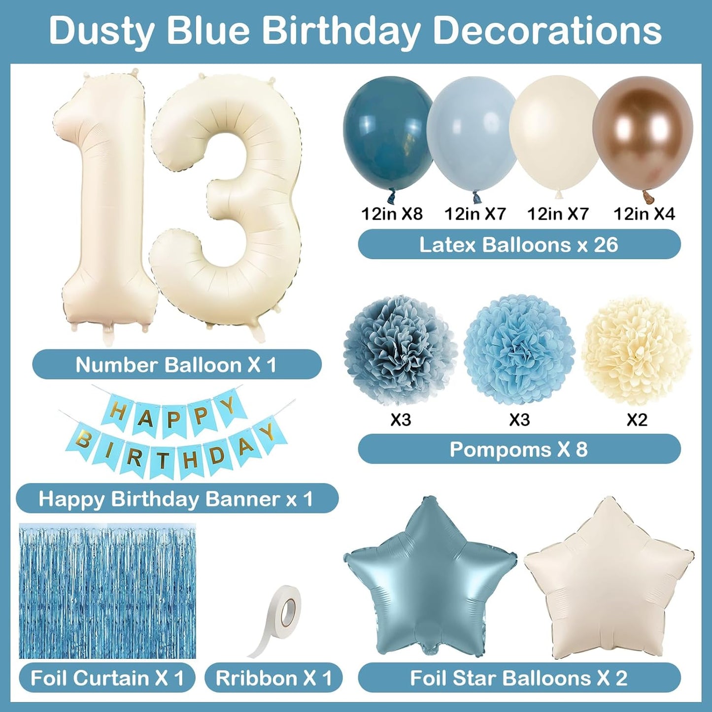 Dusty Blue 13th Birthday Party Decorations Boys Girls Beige Cream Number 13 Balloon with Blue Gold Happy Birthday Banner Fringe Curtain Paper Pom Poms Nude White Sand Champagne Star Foil Balloons
