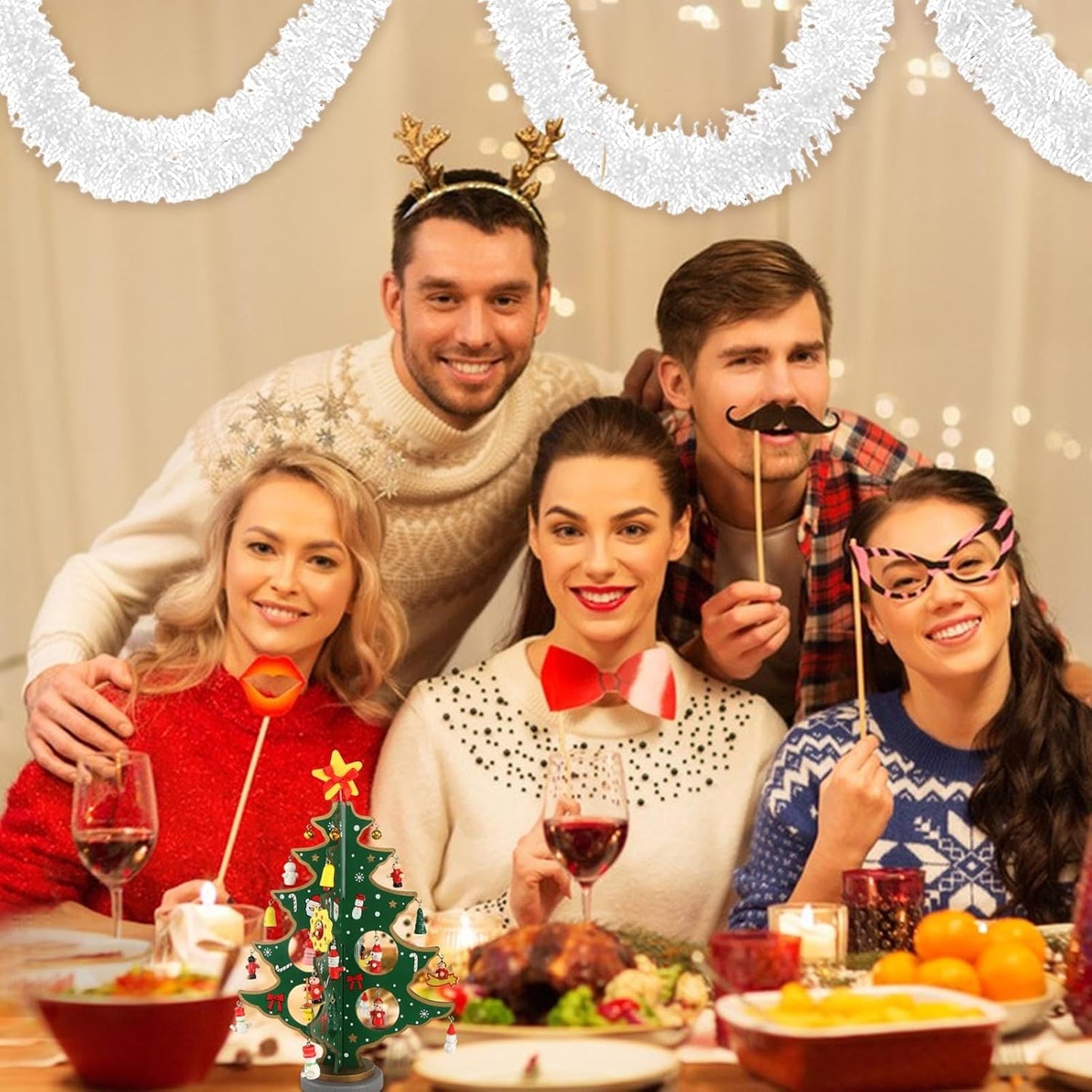 25 Feet Macaron White Christmas Tinsel Garland, Metallic Foil Twist Banner Wall Hanging Tinsel Streamers Backdrop for Parade Floats, Christmas, Mother's Day, Birthday Party Decorations(4in x 25ft)