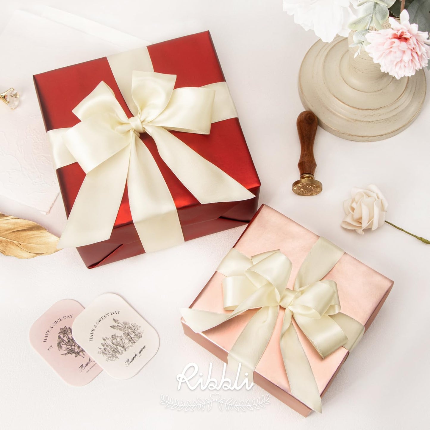 Ribbli Ivory Double Faced Satin Ribbon,1-1/2” x Continuous 25 Yards,Use for Bows Bouquet,Gift Wrapping,Floral Arrangement,Wedding Decoration