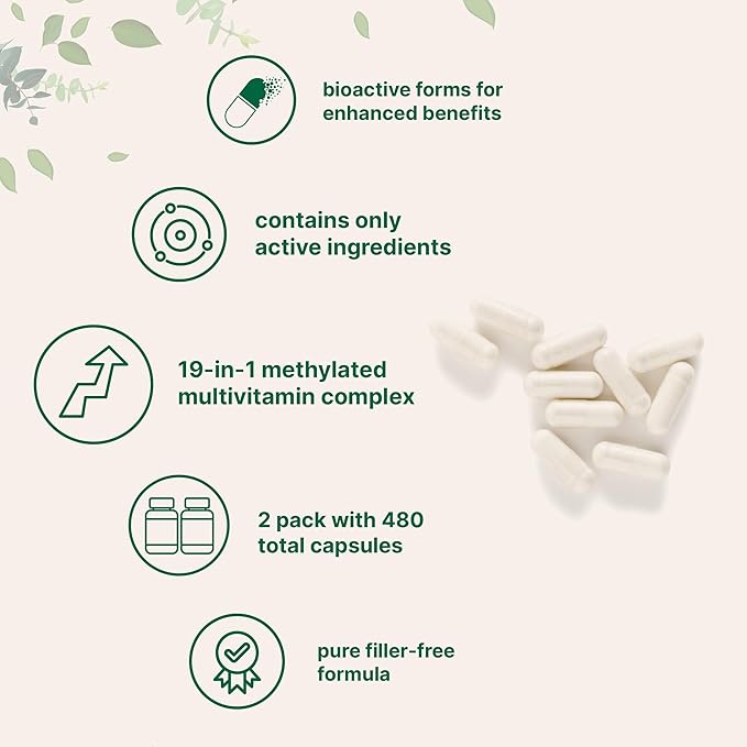 Micro Ingredients 2 Pack Pure Methylated Multivitamin, 480 Capsules | 19-in-1 Formula with Vitamins C, D, B12, Folate, Magnesium, Zinc, & More | Supports Daily Wellness & Immune Health | Filler Free