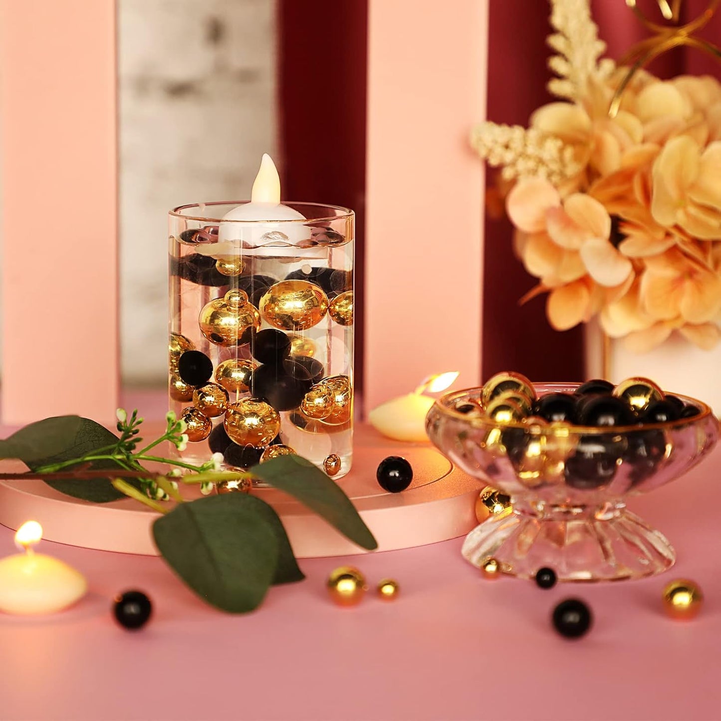 150 Pieces Vase Filler Faux Pearls Vase Makeup Beads No Hole Gloss Bead Mixed Sizes Round Pearl for Home Party Wedding Decor, 8/14/20 mm(Gold, Black)