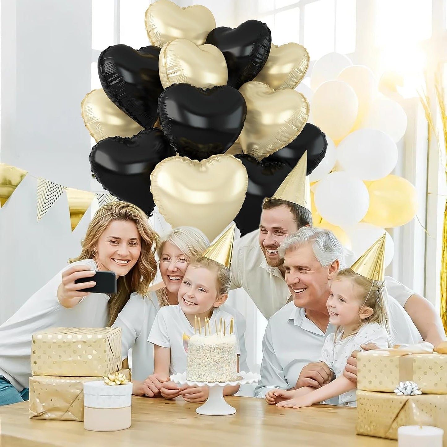 Black Gold Heart Balloons,12Pcs 18Inch Black Champagne Gold Heart Shaped Foil Helium Balloons for Baby Shower Birthday Anniversary Wedding Engagement Party Decorations