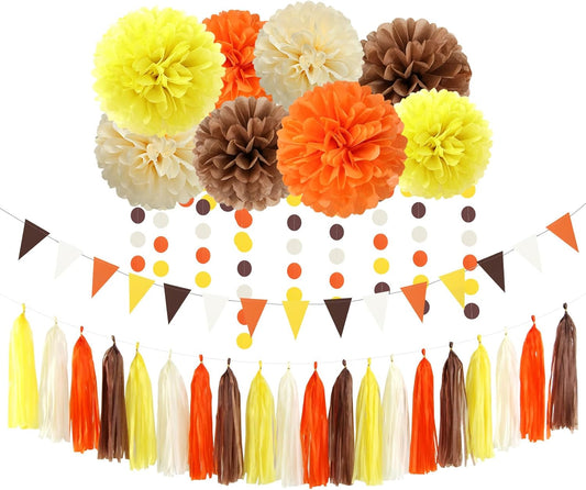 Brown-Orange Yellow Baby-Shower Party Decorations - 30pcs Fall Autumn Harvest Thanksgiving Tissue Pom Poms Streamers, Birthday Bridal Wedding Bachelorette Tassel Garland Banner Decor Ouruola