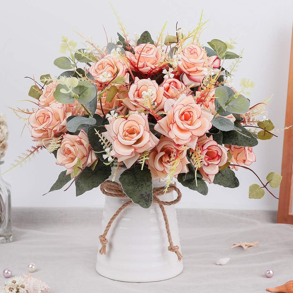 LESING Artificial Rose with Vase,Fake Silk Flowers Bouquets in Vase Table Centerpiece Arrangement for Kitchen Living Room (Pink-1)