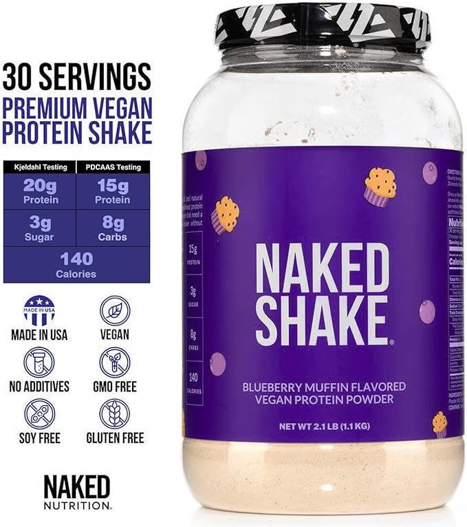 NAKED Shake - Blueberry Muffin Protein Powder - Flavored Plant Based Protein from US & Canadian Farms with MCT Oil, Gluten-Free, Soy-Free, No GMOs or Artificial Sweeteners - 30 Servings