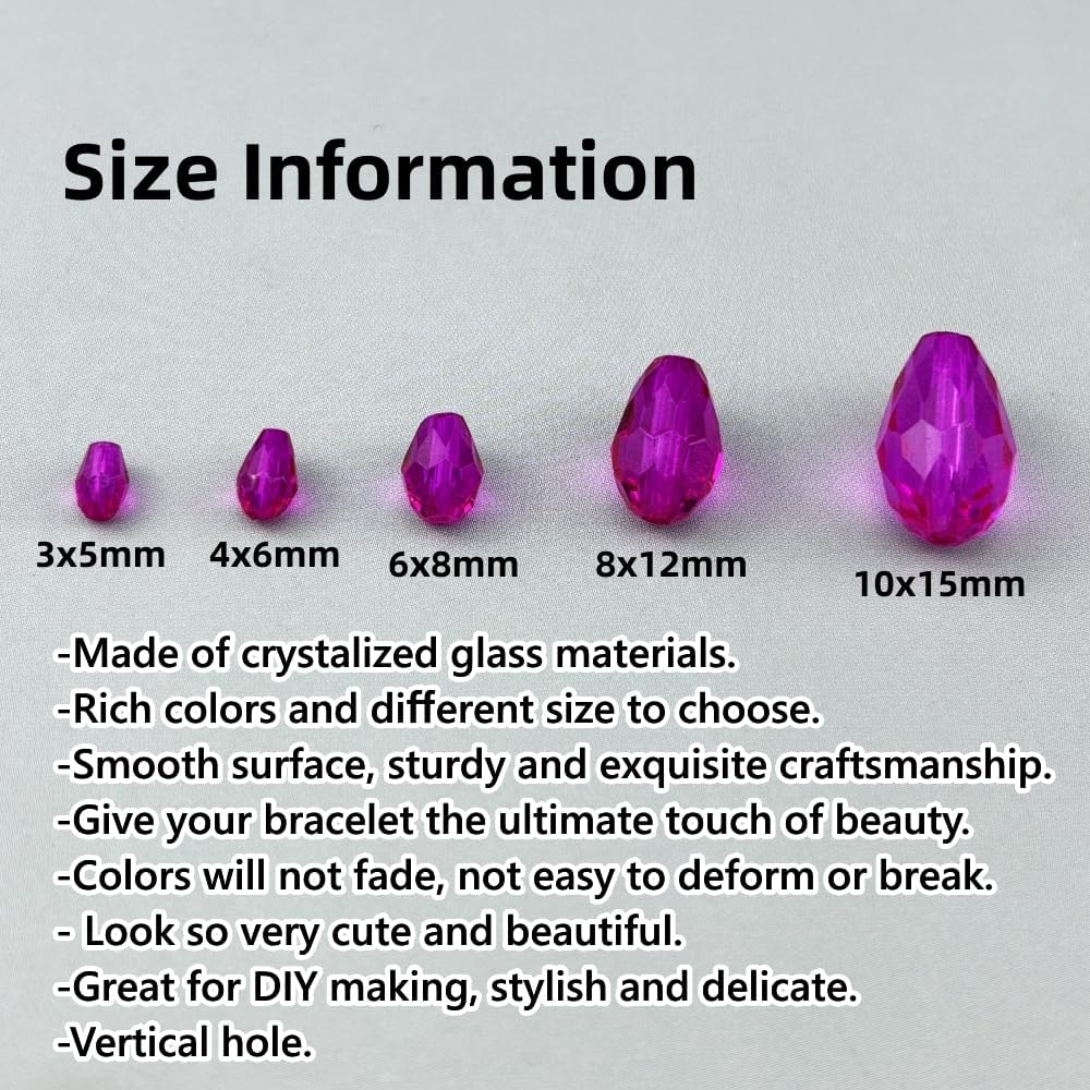 200pcs 3x5mm Teardrop Crystal Glass Beads for Jewelry Making, Faceted Vertical Hole Teardrop Glass Spacer Beads for Wind Chimes Bracelet Earring Necklace DIY Craft(Rose Red)