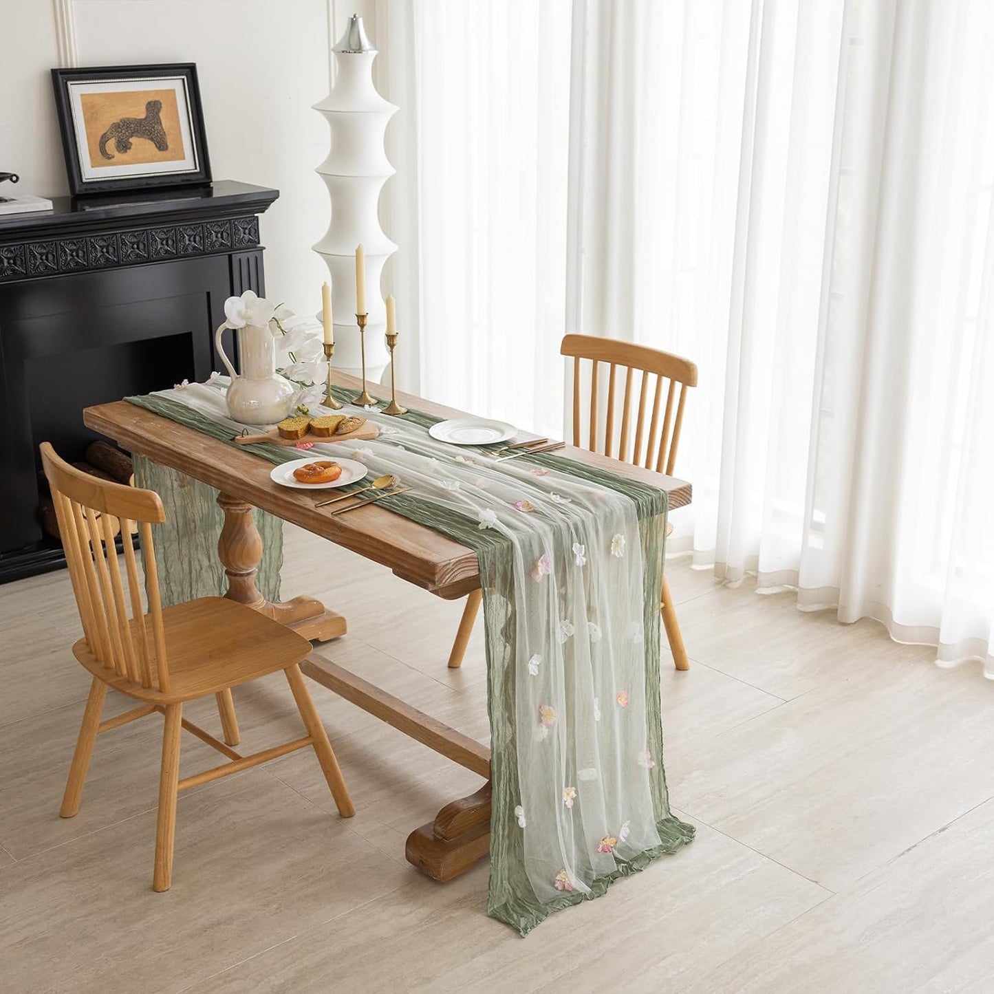 Romantic Artificial Floral Table Runner 10ft Gauze Tulle Lace Table Runner Set for Wedding Baby Shower Bridal Shower Holiday Kitchen Dining Table Decoration for Home Party Special Occasion