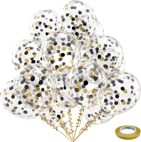 Bezente Black Gold Confetti Latex Balloons - 60 Pack 12 inch Helium Black Gold Confetti Balloons for Wedding Graduation Bridal Shower Birthday Party Decorations