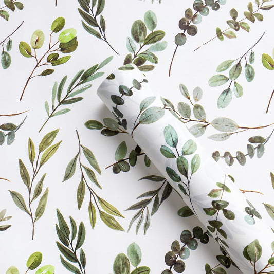 WRAPAHOLIC Kraft Wrapping Paper - Mini Roll - 17 Inch x 16.5 Feet - Eucalyptus Leaves Wrapping Paper for Wedding, Birthday, Bridal Shower, Tea Party, Drawer Liners, Home Closet Shelves