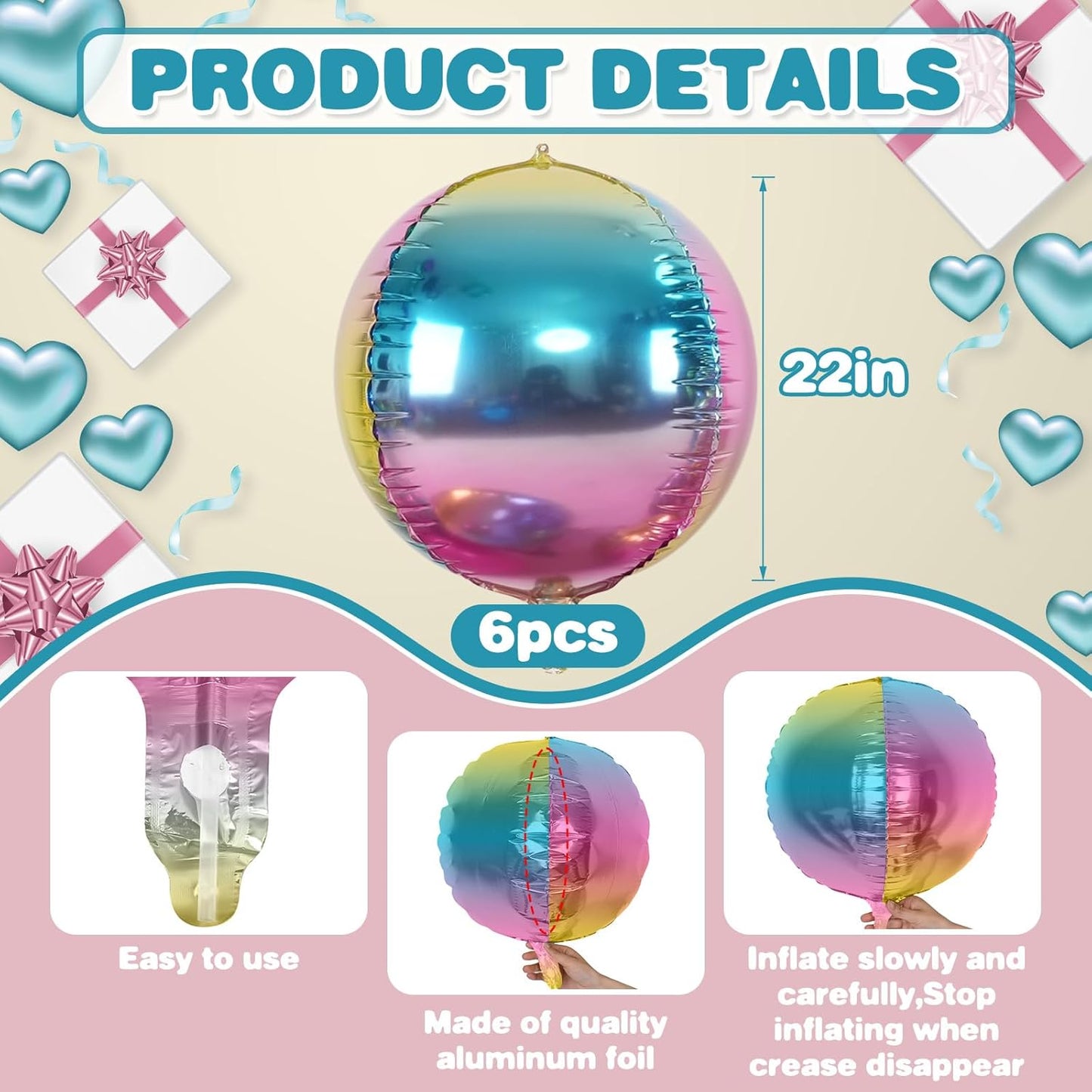 6Pcs Gradient Rainbow Round Foil Balloons,Giant 4D Round Ball Balloon 22 Inch for Wedding Birthday Engagement Gradient Party