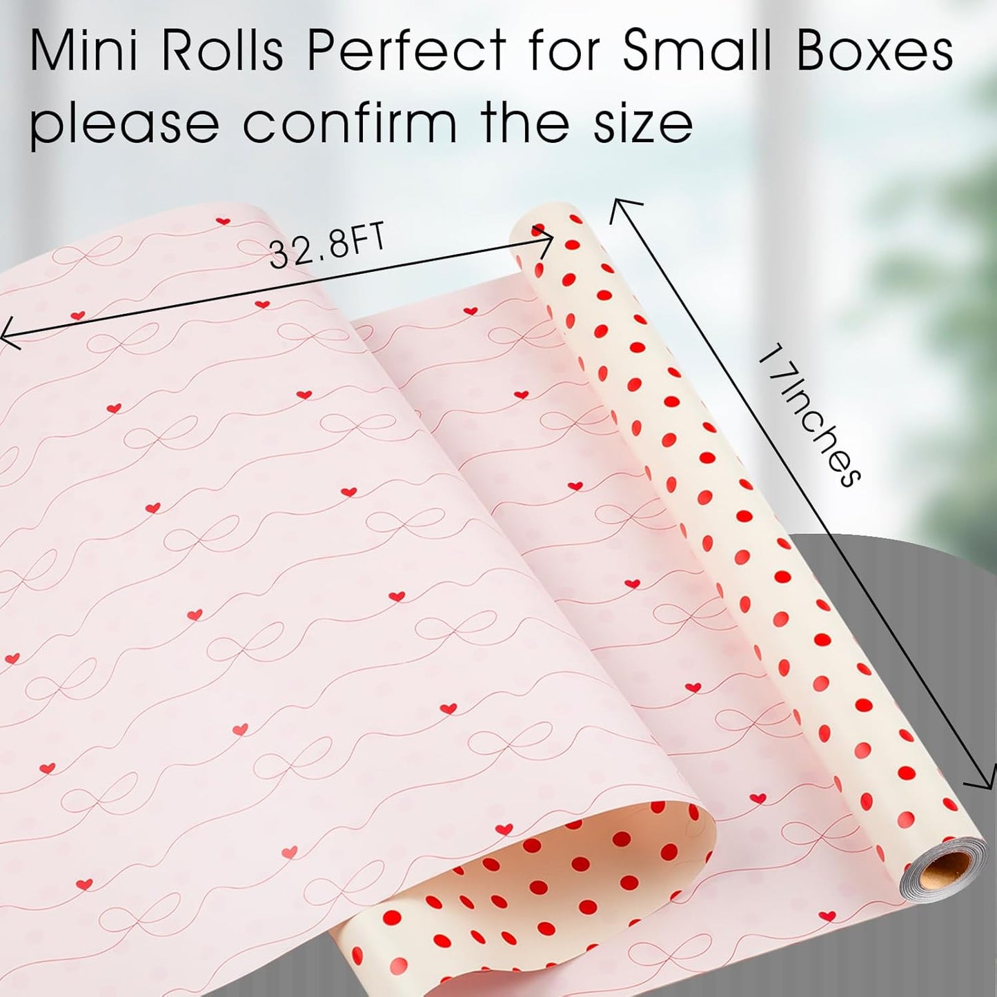 Flyhill Polka Dot Wrapping Paper,Reversible Pink Beige Elegant Heart & Bow Gift Wrap Suitable for Birthday,Girls,Baby Shower,Wedding (17 Inch X 32.8 Feet)