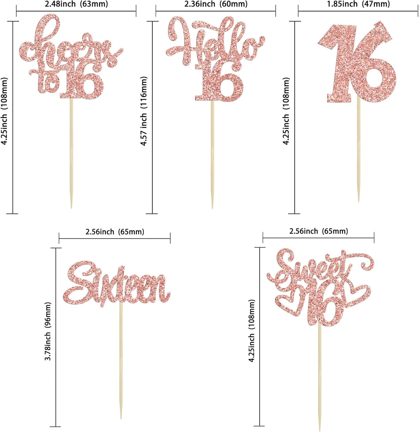 30pcs 16th Birthday Cupcake Toppers - Sixteen Happy Cupcake Picks, Cheers to Sweet 16 Cake Decorations in Rose Gold Glitter