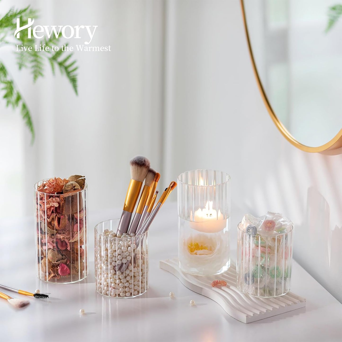 Hewory 24PCS Small Glass Hurricane Candle Holders Bulk - Short Clear Cylinder Vases for Centerpieces, Low Ribbed Vase for Wedding Reception Anniversary Baby Shower Events Party Home Table Decor