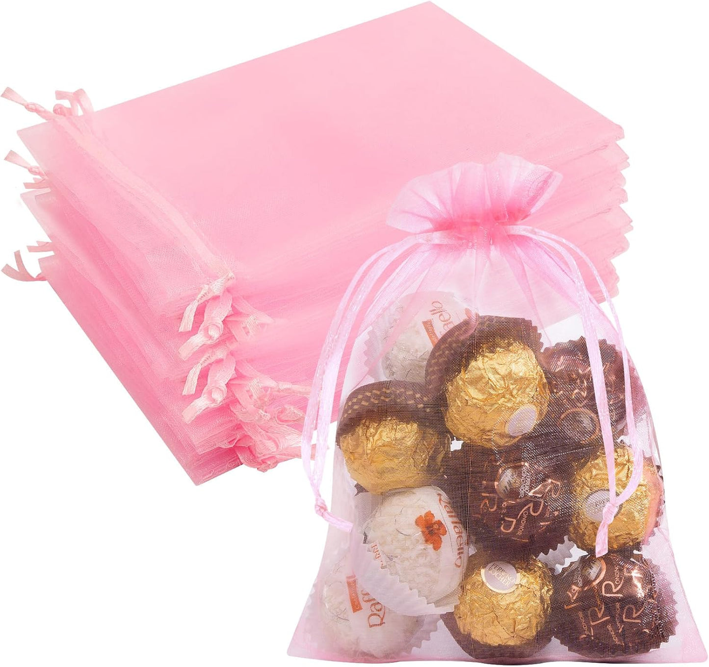 50 Pcs Pink Organza Bags 5x7 Inch, Small Mesh Bags Drawstring Jewelry Pouch Gift Bag Goody Bag for Wedding Party Favor