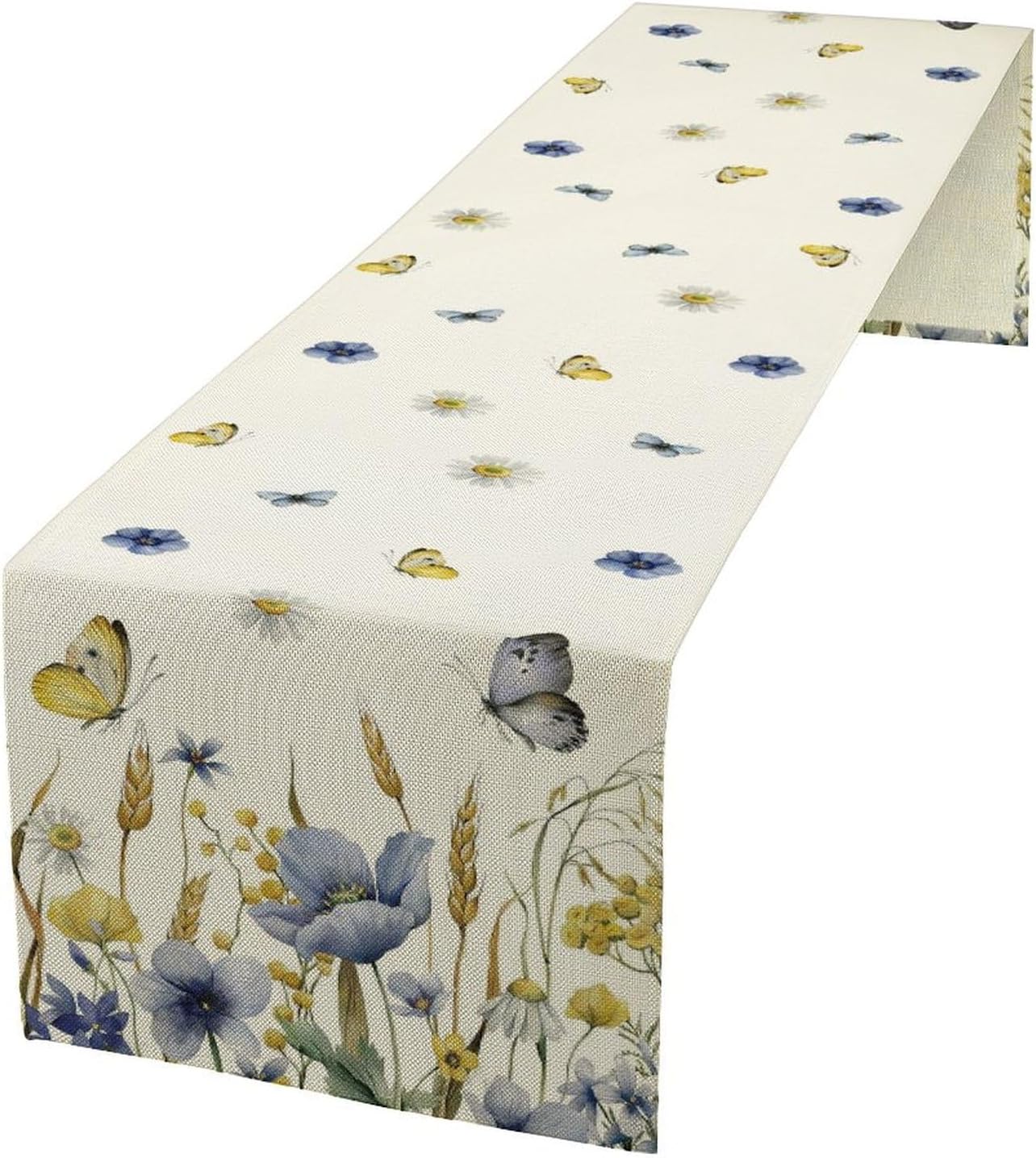 Floral Table Runner, Spring Watercolor Flower Plants Nature Butterfly Table Runner for Kitchen Dinner Living Room Home Party, 13x90 Inch