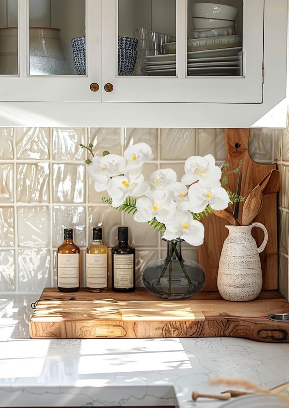 White Orchids Artificial Flowers with Vase, Small Faux Orchid Arrangement Fake Flower in Woven Glass Vase Black and White Decor Small White Centerpieces for Kitchen Dining Room Tables Bathroom Decor